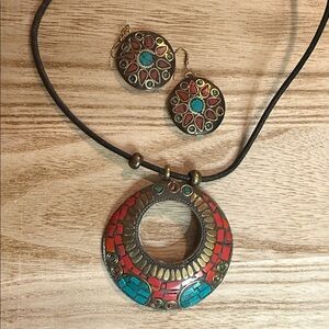 Bohemian Red and Turquoise Necklace and Earring Set